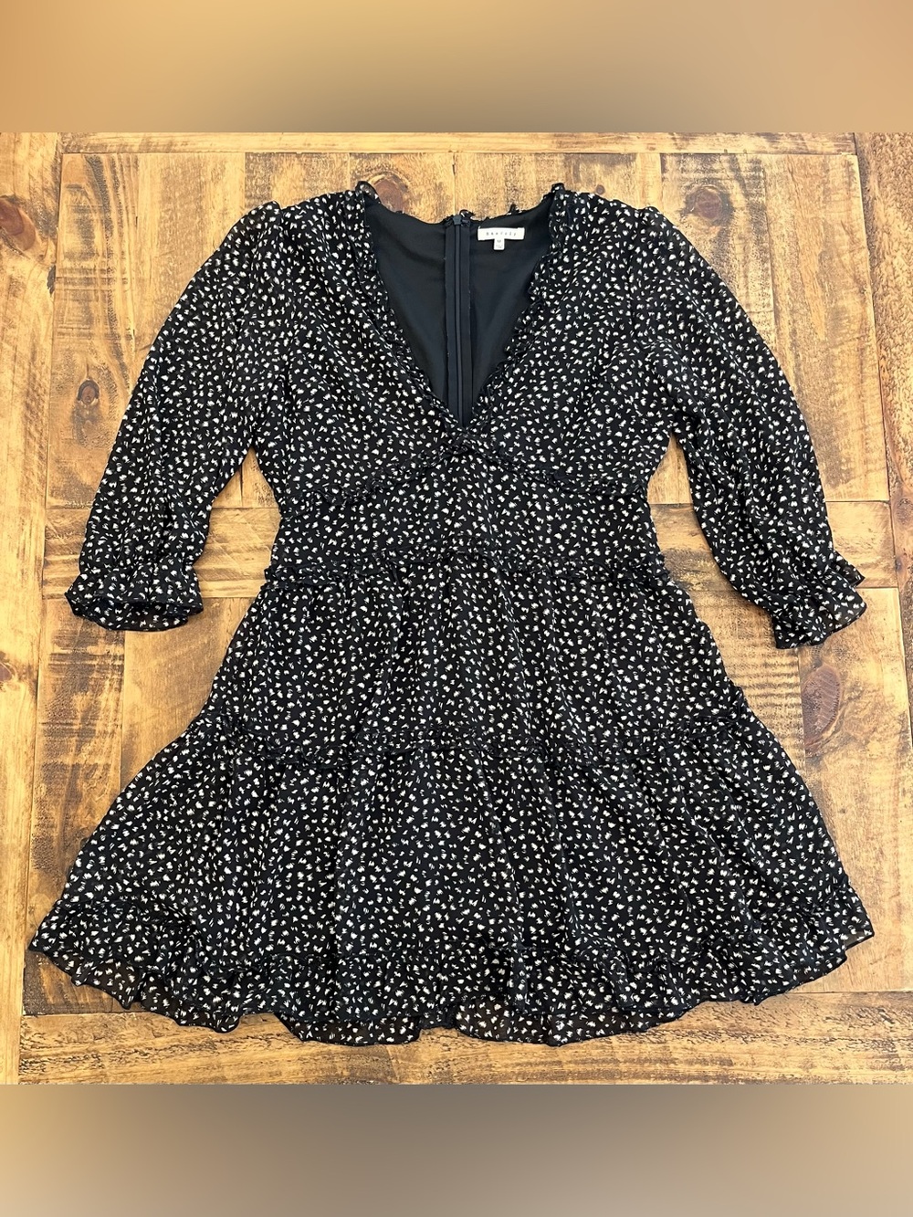 BaeVely Black Mini Dress with Tiered Ruffles With White Polka Dot Print